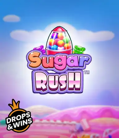 Скриншот игрового автомата Sugar Rush от Pragmatic Play, демонстрирующее разноцветный мир конфет и сладостей. На изображении видны символы в виде конфет и желейных мишек, окруженные яркой атмосферой. В центре расположен логотип игры Sugar Rush, подчеркивающий сахарную тематику игры.